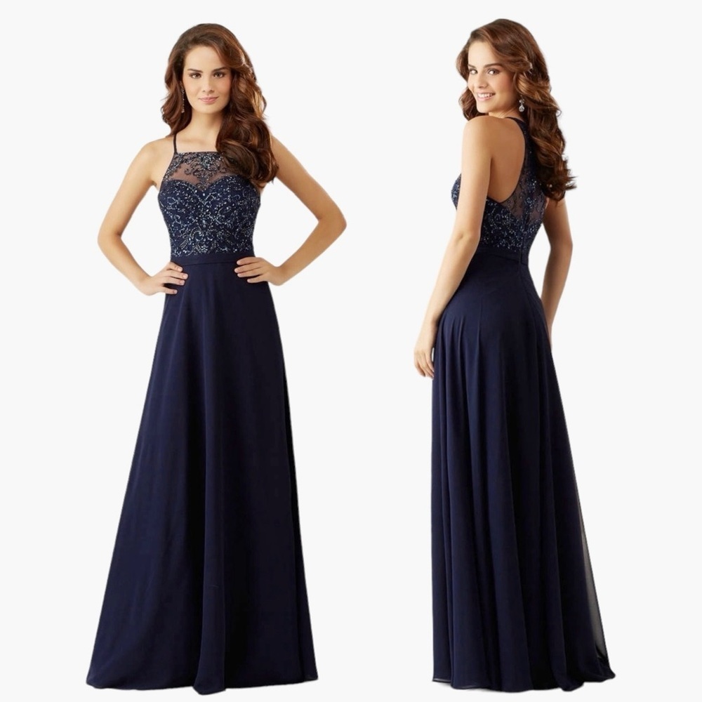 MORILEE | Beaded A-Line Chiffon Halter Neck Long Evening Dress in Navy Blue | 8